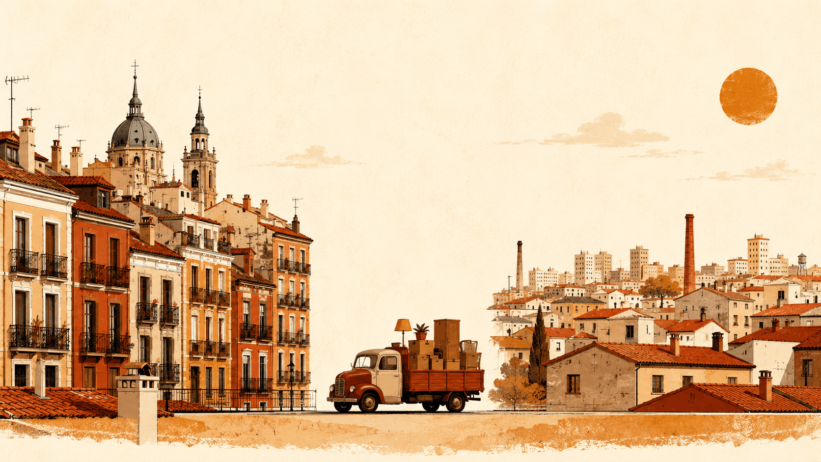 Skylines del centro de Madrid y Carabanchel conectados por una mudanza