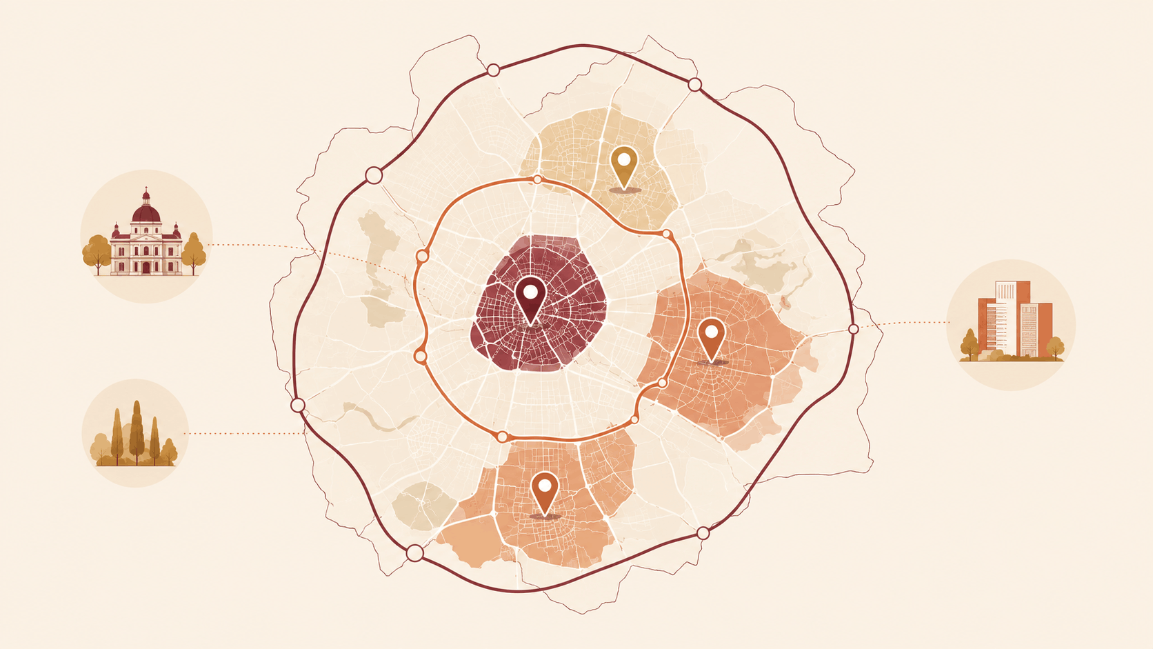 Barrios de Madrid en auge. El mapa de 2026 (y la letra pequeña de cada zona) 5 Esquema de las zonas de Madrid en auge: centro, sureste y sur, con los anillos de la M-30 y la M-40