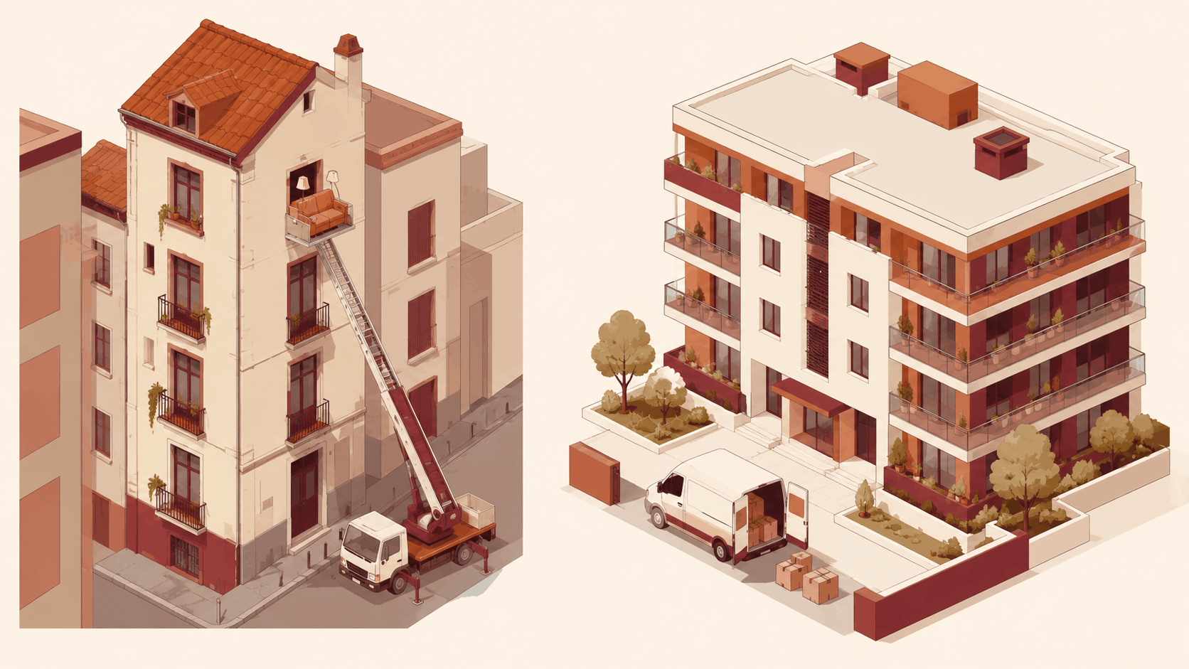 Barrios de Madrid en auge. El mapa de 2026 (y la letra pequeña de cada zona) 4 Ilustración que compara mudarse a una finca antigua sin ascensor frente a un piso de obra nueva en Madrid