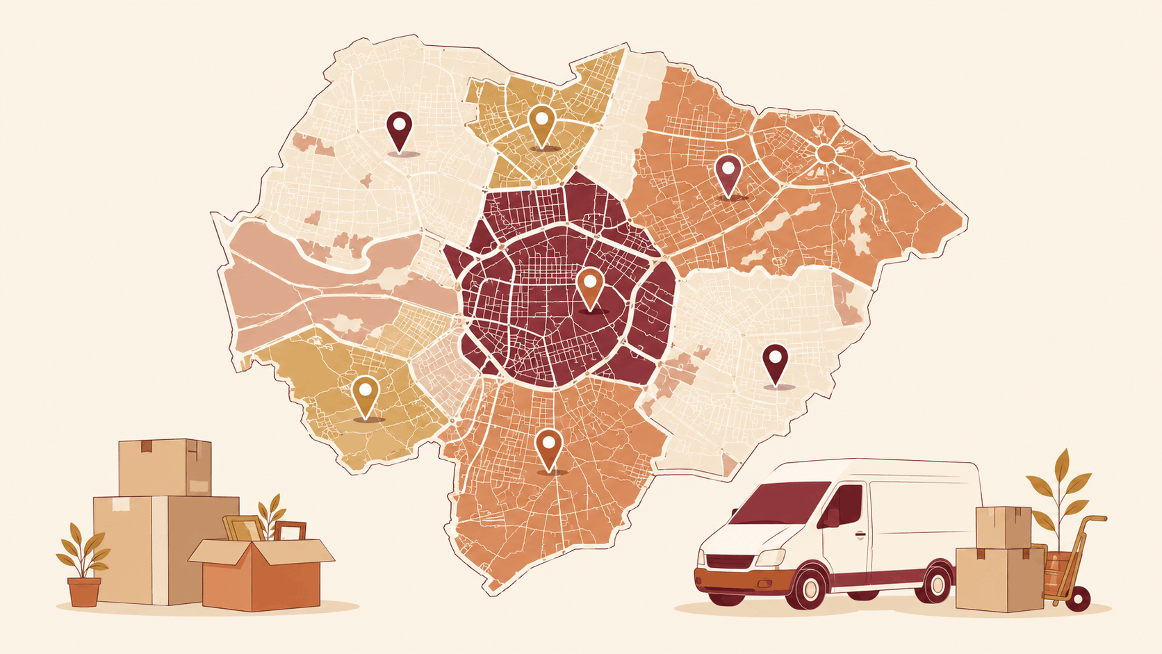 Barrios de Madrid en auge. El mapa de 2026 (y la letra pequeña de cada zona) 3 Mapa ilustrado de los barrios de Madrid en auge en 2026 con zonas marcadas y una furgoneta de mudanzas