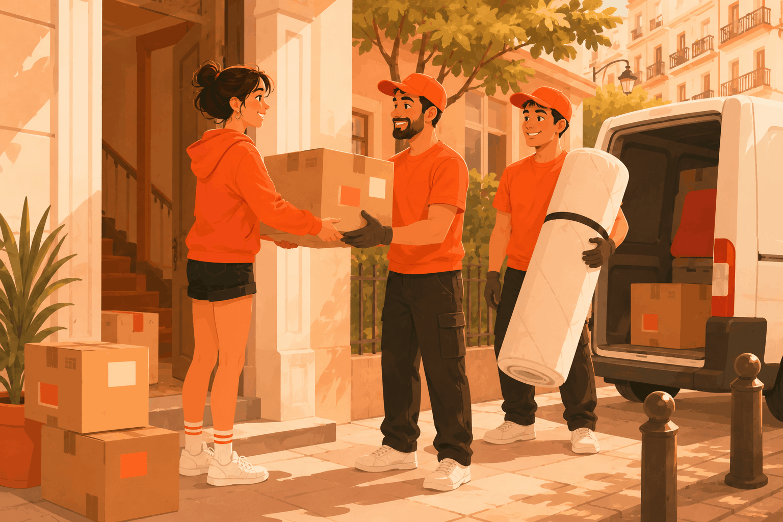 Dónde guardar tus cosas en verano cuando estudias fuera de casa 4 Operarios recogiendo a domicilio las cajas y el colchón de un estudiante en Madrid