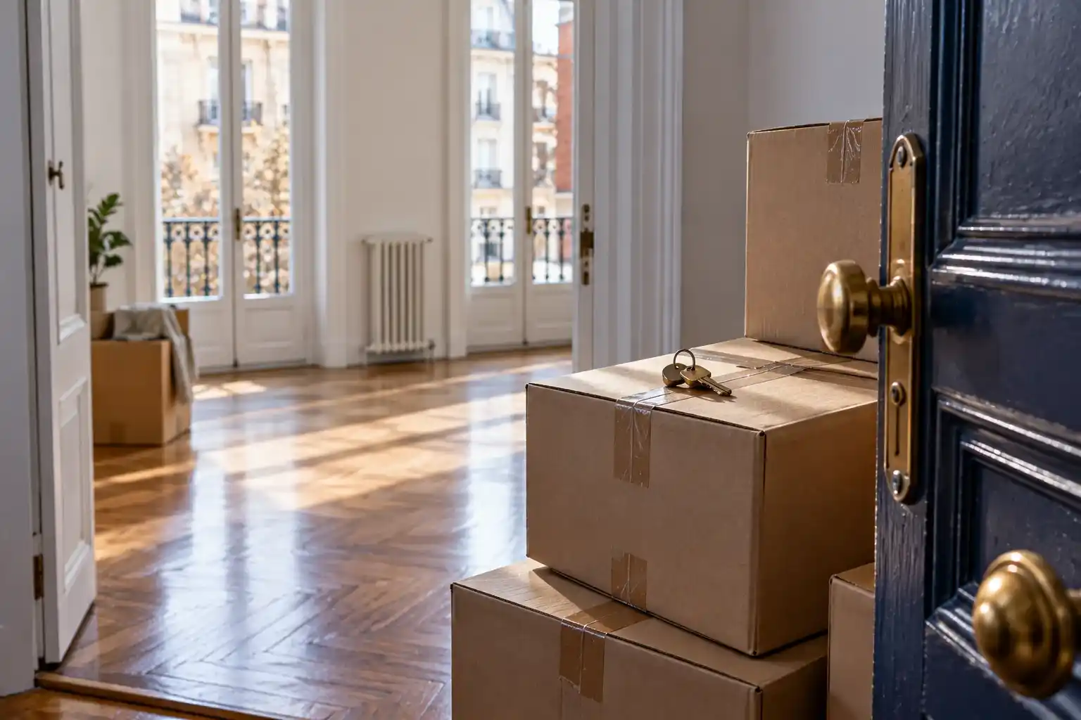 Decretos de vivienda 2026. Lo que cambia para los inquilinos 4 Cajas apiladas junto a la puerta de un piso con un juego de llaves encima listo para entregar