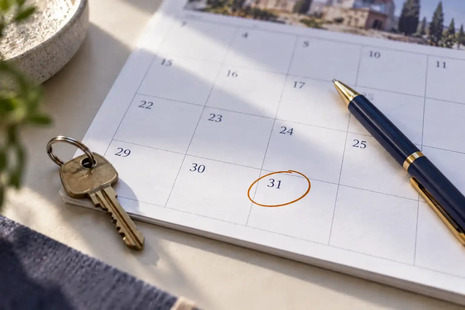 Decretos de vivienda 2026. Lo que cambia para los inquilinos 3 Calendario de pared con una fecha límite rodeada junto a las llaves de un piso de alquiler